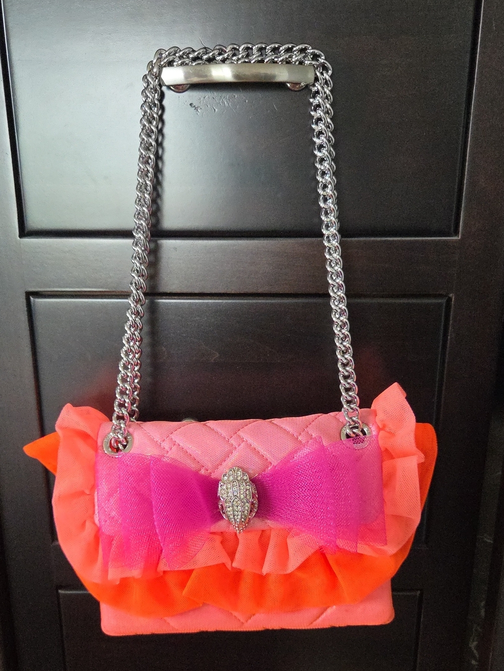 Kurt Geiger Mini Kensington Pink Reflective Mesh Ruffle Convertible Flap Bag